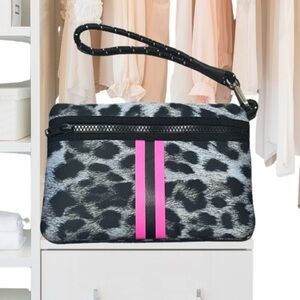 Leopard Print Neoprene Wristlet Clutch with Pink Stripe